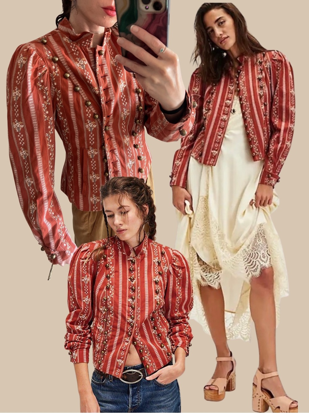 Free People “Sorel” Cottage Jacket — Rust / Terracotta Striped 🤎